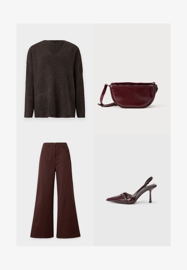Pull en v noir, marron foncé, avec des manches longues et une coupe décontractée. Texture douce et légère nervure aux poignets et à l'ourlet. Pas de logos visibles.; Pantalon marron à jambes larges avec bouton à l'avant et poches, présenté sur un fond clair uni.; Escarpin slingback en cuir verni bordeaux avec bout pointu, fine bride à la cheville et petit détail décoratif de boucle. Texture lisse et talon haut.; Sac à main en cuir marron foncé avec une forme en demi-lune, une fermeture éclair et une bandoulière amovible. Texture lisse avec un léger éclat.