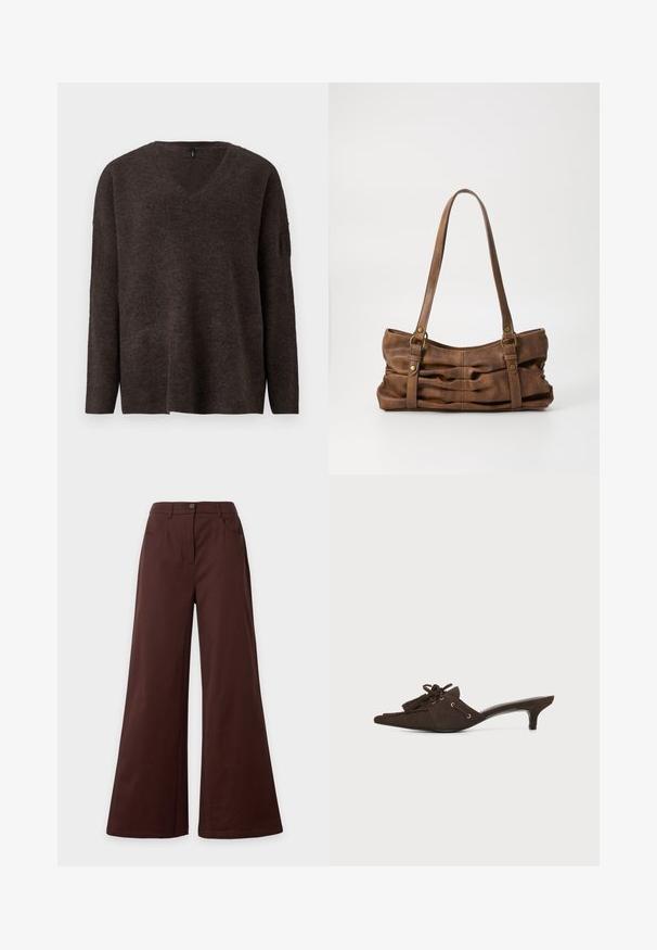 Pull en v noir, marron foncé, avec des manches longues et une coupe décontractée. Texture douce et légère nervure aux poignets et à l'ourlet. Pas de logos visibles.; Pantalon marron à jambes larges avec bouton à l'avant et poches, présenté sur un fond clair uni.; Mule pointue en daim brun foncé avec un petit talon kitten, pampilles décoratives et détail en dentelle sur fond blanc.; Even&Odd Sac à main - brown