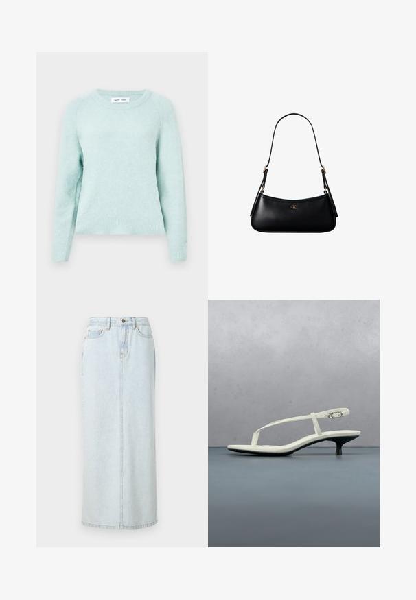 Licht mintgroene pullovertrui van zacht, gestructureerd stof. Heeft een ronde halslijn en geribde manchetten. Klassieke pasvorm met raglanmouwen.; Lichtblauwe denim maxi rok met een rechte snit, voorzijde met knopen en zichtbare stiksels. Bevat twee voorzakken.; Witte sandaal met smalle bandjes en kitten heel, met een spitse neus, zwevend boven een houten tegelvloer buiten, met op de achtergrond een wazige plant en muur.; Zwarte leren mini schoudertas met een dun riempje en klein goudkleurig CK-logo aan de voorkant in het midden.