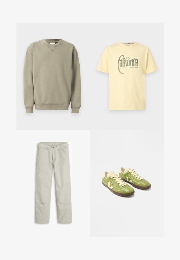 Kaki sweatshirt lavet af blød bomuldsblanding, med rund halsudskæring, ribbede manchetter og en afslappet pasform med diskrete syninger.; Lysegul kortærmet T-shirt med buet sort tekst "California" og mindre tekst "Keep it rockin'" på forsiden.; Lys grå bomuldsbukser med lige snit, flere lommer, forstærkede knælapper og kontrasterende syninger.; Par af grønne lavtop-sneakers med cremefarvede snørebånd, beige hælstykker og mørkebrune gummisåler på en hvid baggrund.