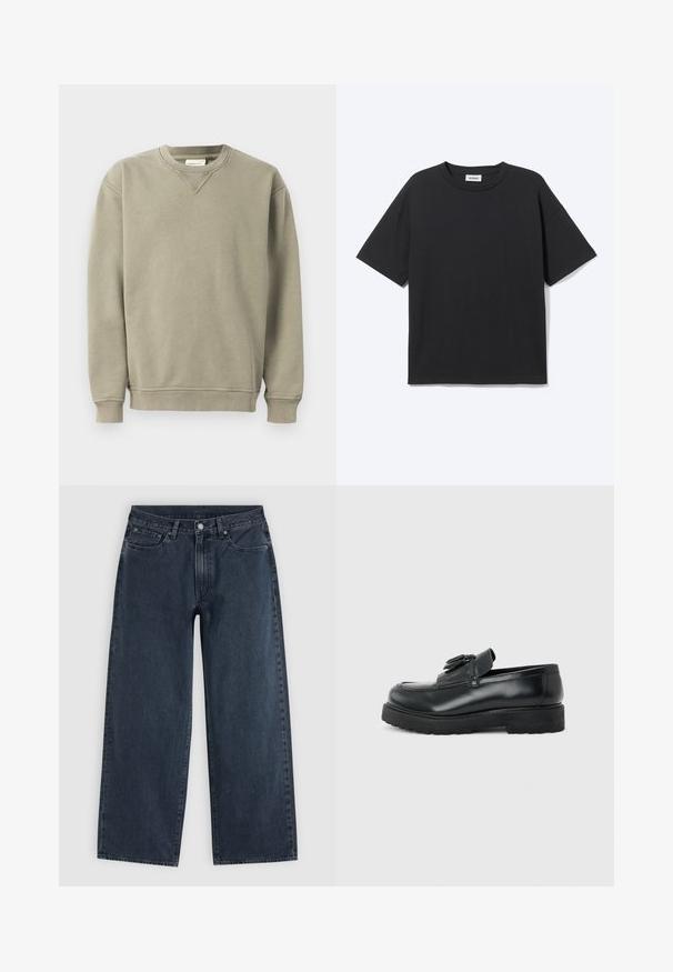 Kaki sweatshirt lavet af blød bomuldsblanding, med rund halsudskæring, ribbede manchetter og en afslappet pasform med diskrete syninger.; Sort T-shirt med korte ærmer og rund hals med afslappet pasform, forfra, ensfarvet design og synligt Weekday-mærke inde i kraven.; Mørkeblå jeans med vidde i benene, fem lommer, bæltestropper, knaplukning og lynlås, lagt fladt på en lys baggrund.; Sort læderloafer med kvaster, tyk gummisål og lav hæl, vist i sideprofil på en ensfarvet baggrund.