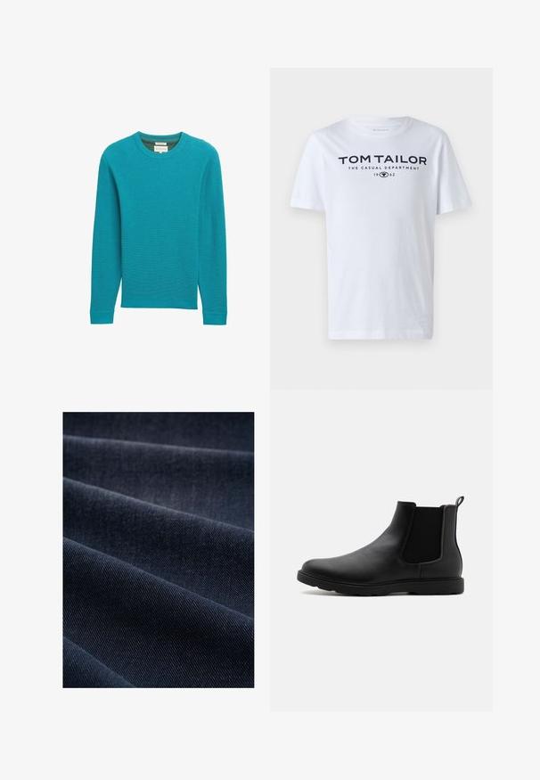 Teal geribbelde gebreide sweater met lange mouwen en een ronde hals. Textuurstof en een rechte pasvorm. Geen zichtbare merknaam of patronen.; Witte katoenen t-shirt met een ronde hals, korte mouwen en marineblauwe tekst "TOM TAILOR THE CASUAL DEPARTMENT 1962."; Donkerblauwe denimstof met een geribbelde textuur, zichtbaar met plooien en golven, die het gewicht en de duurzaamheid benadrukt.; Zwarte leren Chelsea-laars met elastische zijpanelen, een trekhaak en een duurzame rubberen zool. Glad oppervlak en gestroomlijnd ontwerp.