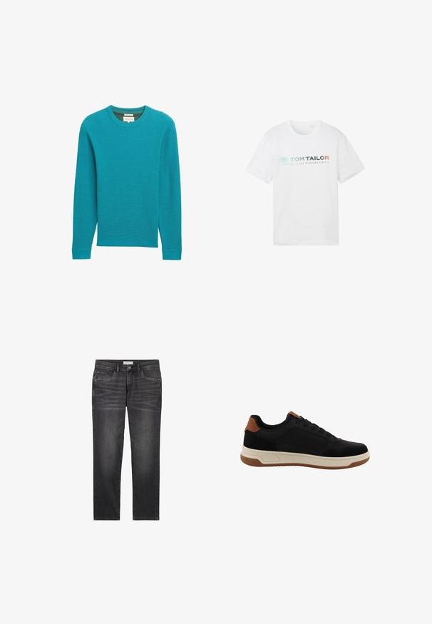 Teal geribbelde gebreide sweater met lange mouwen en een ronde hals. Textuurstof en een rechte pasvorm. Geen zichtbare merknaam of patronen.; Witte katoenen t-shirt met een ronde hals, korte mouwen en een voorpandprint: "TOM TAILOR" met "ESSENTIALS SINCE NINETEEN SIXTY-2."; Donkergrijze denim jeans met een rechte pijpdesign, voorzakken en knoopsluiting. Bevat subtiele vervaging en stikselaccenten.; Zwarte lage sneaker met bruine accenten op hiel en tong, witte tussenzool en bruine rubberen buitenzool, zijaanzicht.