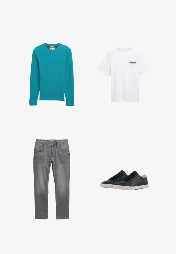 Teal geribbelde gebreide sweater met lange mouwen en een ronde hals. Textuurstof en een rechte pasvorm. Geen zichtbare merknaam of patronen.; Witte katoenen t-shirt met korte mouwen, met een zak voorzien van een blauw-wit label. Soepele textuur en ontspannen pasvorm.; Heren grijze slim-fit jeans met voorste knoop en rits, vijf-pocket stijl, maat 32/32, merk Tom Tailor.; Marine leren sneakers met witte rubberen zolen, ronde neus en zwarte veters. Subtiele texturen en branding aan de zijkanten. Casual ontwerp.