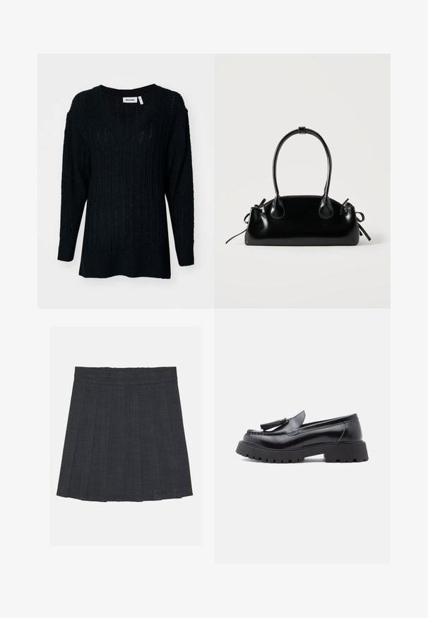 Pull en tricot noir avec un col en V, texture côtelée et manches longues. Coupe ample avec un dos légèrement plus long. Étiquette de la marque visible.; Jupe plissée gris foncé avec une taille élastique, dotée d'un tissu texturé et d'une silhouette A-line classique. Convient pour une tenue décontractée.; Mocassins en cuir noir avec une forme effilée, un détail à pampilles, et une semelle en caoutchouc épaisse présentant un motif cramponné pour une meilleure adhérence.; Petit sac à main noir brillant avec deux longues anses et des détails à cordon sur les côtés sur un fond clair uni.
