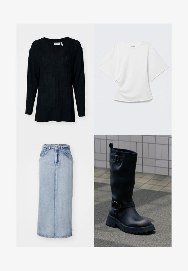 Pull en tricot noir avec un col en V, texture côtelée et manches longues. Coupe ample avec un dos légèrement plus long. Étiquette de la marque visible.; T-shirt blanc oversize à manches courtes avec col rond présenté sur un fond gris clair.; Jupe midi en denim bleu clair avec une taille ajustée, une couture frontale et des poches latérales ; présente une texture légèrement délavée.; Botte en cuir noir mi-mollet avec semelle épaisse, boucle métallique près du sommet, et bride avec détail anneau au-dessus de la cheville, sur une surface pavée.