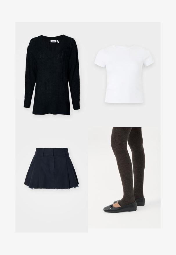 Pull en tricot noir avec un col en V, texture côtelée et manches longues. Coupe ample avec un dos légèrement plus long. Étiquette de la marque visible.; T-shirt blanc uni à manches courtes et col rond, présenté sur un fond gris clair neutre.; Jupe en coton bleu marine à forme évasée, avec des plis, un ourlet effiloché et une taille avec passants pour ceinture.; Jambes portant des leggings côtelés foncés associés à des ballerines noires avec de petits détails en nœud sur fond blanc.