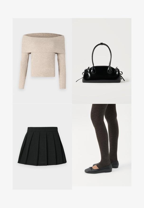 Pull beige en maille côtelée à manches longues et épaules dénudées, avec un large col rabattable et une silhouette cintrée.; Jupe plissée noire en tissu texturé. Dispose d'une taille et d'un léger motif écossais tout au long. Longueur courte avec des plis superposés.; Jambes portant des leggings côtelés foncés associés à des ballerines noires avec de petits détails en nœud sur fond blanc.; Petit sac à main noir brillant avec deux longues anses et des détails à cordon sur les côtés sur un fond clair uni.
