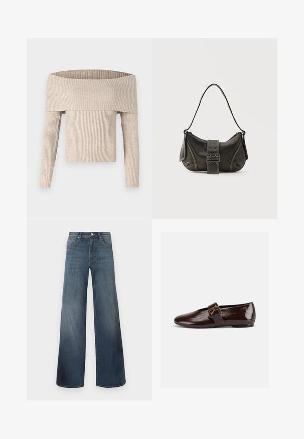 Pull beige en maille côtelée à manches longues et épaules dénudées, avec un large col rabattable et une silhouette cintrée.; Jeans en denim à jambes larges de couleur bleu foncé, avec une finition déchirée, fermeture à bouton et style à cinq poches. Texture lisse, détails de couture minimalistes.; Chaussure plate en cuir verni marron foncé avec une large bride à boucle dorée et un bout arrondi, présentée de profil sur fond blanc.; Sac à épaule en cuir noir avec une sangle à boucle, des bords arrondis et des coutures blanches contrastées sur un fond uni.