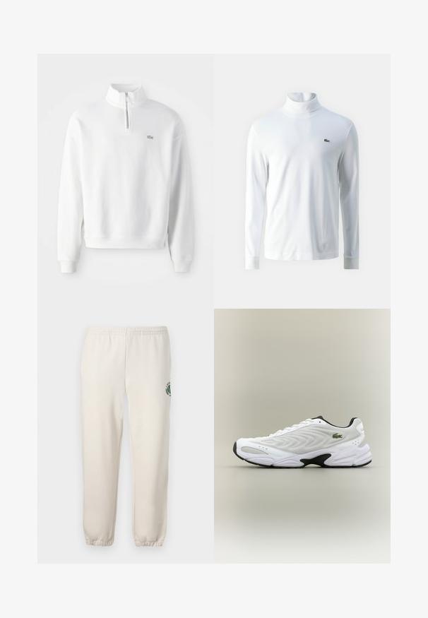 Sweatshirt blanc avec col zippé à mi-hauteur, manches longues et poignets côtelés. Présente un petit logo sur la poitrine et un design à coupe décontractée.; Chemise à col roulé blanche à manches longues en tissu doux, ornée d'un petit logo brodé vert sur la poitrine et de poignets ajustés.; Pantalon de jogging beige clair en coton, doté d'une taille élastique, de poignets en côtes et d'un logo vert avec un design de feuille sur la jambe gauche.; Baskets de sport blanches avec un dessus en mesh texturé, un design courbé et une semelle noire contrastante. Présente un logo brodé vert sur le côté.