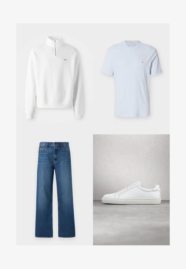 Hvid sweatshirt med halv-zip krave, lange ærmer og ribbede manchetter. Har et lille logo på brystet og en afslappet pasform.; Lyseblå kortærmet waffle-strikket t-shirt med rund hals og lille rød "CK" logo på venstre bryst.; Blå, højtaljede, straight-fit jeans med knapper og lynlås foran, fem lommer og en lille mærket patch på højre lomme.; Hvide sneakers med en glat læderoverdel og lav profil. Har en rund tå, seks snørehuller og en tekstureret gummisål.