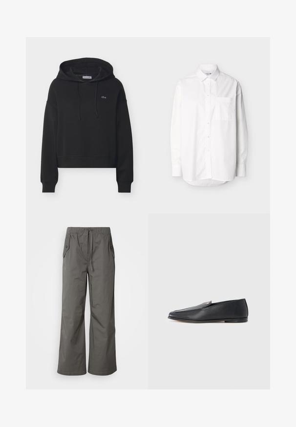 Sweat à capuche noir avec poche avant, capuche à cordon de serrage, poignets côtelés et petit logo brodé sur la poitrine.; Chemise blanche à manches longues avec boutons, poche avant et col classique, présentée sur un fond clair uni.; Pantalons gris à jambes larges en tissu léger, dotés d'une taille élastique, d'un cordon de serrage et de deux poches latérales avec des accents en bouton.; Mocassins en cuir noir à texture lisse, bout arrondi et détails de couture subtils. Ils présentent un accent logo doré sur le côté supérieur.