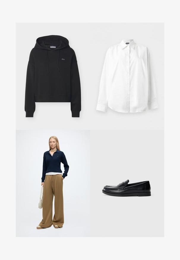 Sweat à capuche noir avec poche avant, capuche à cordon de serrage, poignets côtelés et petit logo brodé sur la poitrine.; Chemise blanche à manches longues avec col pointu, boutonnée, présentée à plat sur un fond blanc uni.; Femme aux cheveux blonds raides portant un pull bleu marine, un pantalon large beige, des chaussures beiges, des bijoux en or, et tenant un sac à main blanc avec une main dans la poche.; Mocassins en cuir noir avec un design d'accent cousu, bout rond, semelle plate en caoutchouc et finition lisse. Silhouette classique et polyvalente.