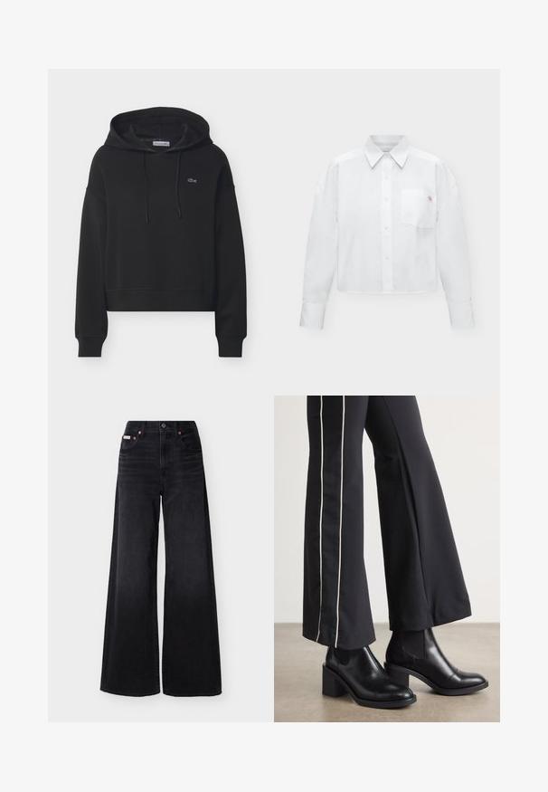 Sudadera negra con capucha tipo pulóver, bolsillo frontal, capucha con cordón, puños acanalados y pequeño logo bordado en el pecho.; Camisa blanca de manga larga con botones, cuello y bolsillo en el pecho con un pequeño logo bordado.; Vaqueros negros de pierna ancha con cintura alta, cierre frontal con botones y cremallera, trabillas para cinturón y diseño de cinco bolsillos.; Botines de cuero negro con tacón cuadrado, con paneles laterales elásticos. Combinados con pantalones negros que tienen una franja blanca lateral.