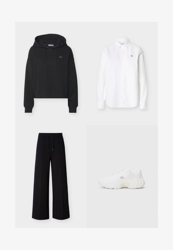 Sudadera negra con capucha tipo pulóver, bolsillo frontal, capucha con cordón, puños acanalados y pequeño logo bordado en el pecho.; Camisa blanca de manga larga con botones y cuello, con un pequeño logo de cocodrilo verde en el pecho izquierdo.; Pantalones negros de pierna ancha hechos de tela suave, con una cintura elástica con cordón y costuras laterales para un ajuste relajado.; Zapatilla blanca con parte superior texturizada, diseño de suela prominente, cierre de cordones y pequeño detalle de logo. Construcción suave y ligera.