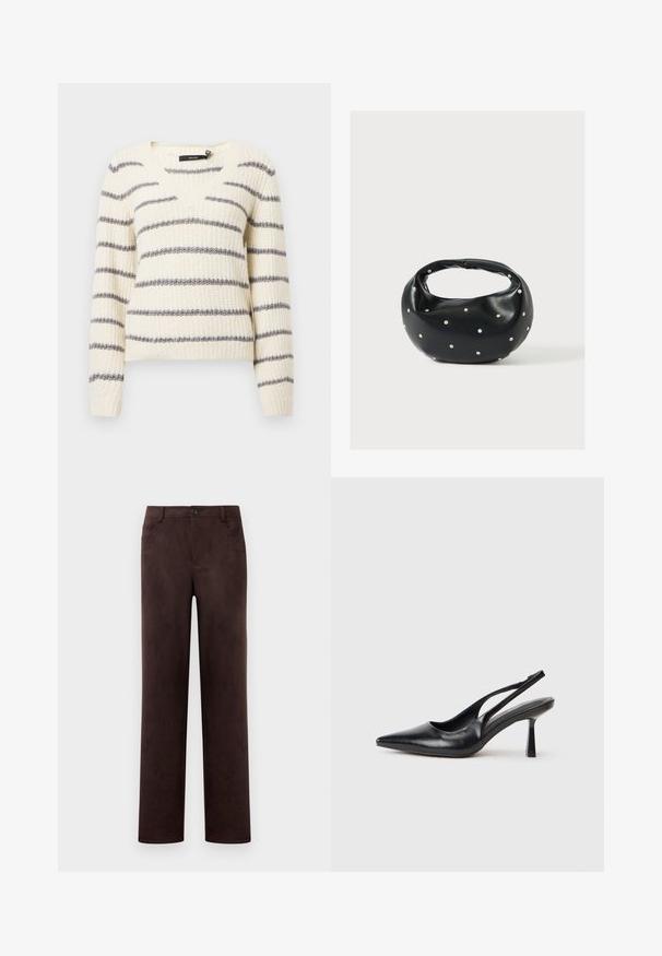 Pull en tricot crème avec des rayures horizontales grises, encolure en V, manches longues et poignets côtelés pour une texture et un ajustement. ; Pantalons en suède marron foncé à jambes droites avec fermeture à bouton et zip à l'avant, passants de ceinture et poches latérales.; Chaussure à talon haut en cuir noir, à bride arrière, avec un bout pointu et un talon fin sur fond blanc.; Sac à main en cuir noir de forme arrondie, décoré de clous argentés et équipé d'une poignée courte. Texture lisse et fermeture éclair.