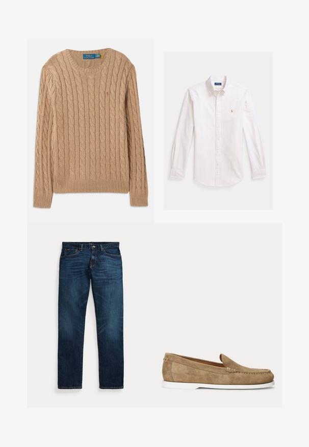 Beige strikket sweater med kabelmønster, rund halsudskæring, ribbede manchetter og kant. Har mærkets label på indersiden af halsen.; Hvid langærmet skjorte med tynde lodrette striber og lille broderet logo på brystet, vist fladt på lys baggrund.; Mørkeblå denimjeans med let falmning på lår og lommer, knap- og lynlåslukning samt design med fem lommer, lagt fladt på hvid baggrund.; Lysebrun ruskindsløber med hvid sål, mokkasynsting og slip-on design vist fra siden på en ensfarvet baggrund.