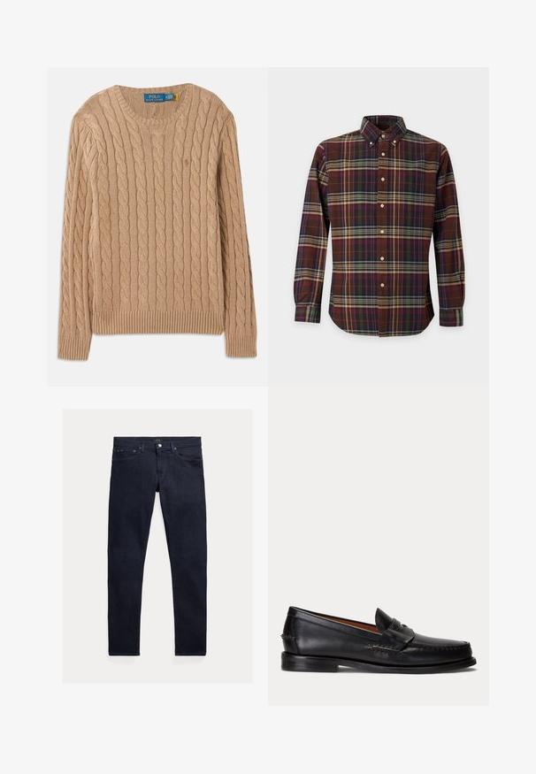 Beige strikket sweater med kabelmønster, rund halsudskæring, ribbede manchetter og kant. Har mærkets label på indersiden af halsen.; Langærmet skjorte med knapper, med tern i brun, grøn, lilla og beige, der har en knappet krave og en brystlomme.; Mørkeblå denimjeans med en slank pasform. Har fem lommer, lynlås og lukning med metal-knap. Glat tekstur med minimal falmning.; Sort læderloafer med lav hæl og pennyremdetalje, vist fra siden på en lysegrå baggrund.