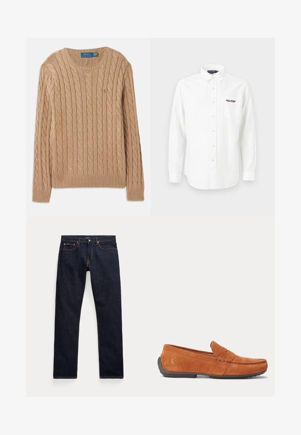 Beige gebreide trui met kabelpatroon, ronde halslijn, geribbelde manchetten en zoom. Bevat het merkembleem aan de binnenkant van de hals.; Wit overhemd met lange mouwen, knopen, kraag, een zak op de linkerborst en het "Polo Sport Ralph Lauren"-logo geborduurd boven de zak.; Donkerblauwe denim jeans met vijf zakken, koperen klinknagels en contrasterende stiksels, plat gelegen tegen een witte achtergrond.; Bruine suède herensloffen met stikseldetails, een gleuf voor munten op het bovenwerk en een donkere rubberen zool.