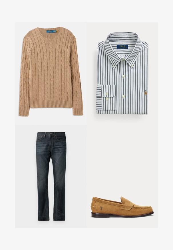 Beige strikket sweater med kabelmønster, rund halsudskæring, ribbede manchetter og kant. Har mærkets label på indersiden af halsen.; Foldet hvid skjorte med marineblå lodrette striber, knappet krave og Polo Ralph Lauren-logo broderet på brystet.; Mørkeblå denim jeans med lige ben, der har et klassisk fem-lomme design og kobberfarvede stikninger som accent.; Lysebrun ruskind loafer med syede detaljer og lille broderet hestelogo på siden, med lav træhæl og slip-on design.