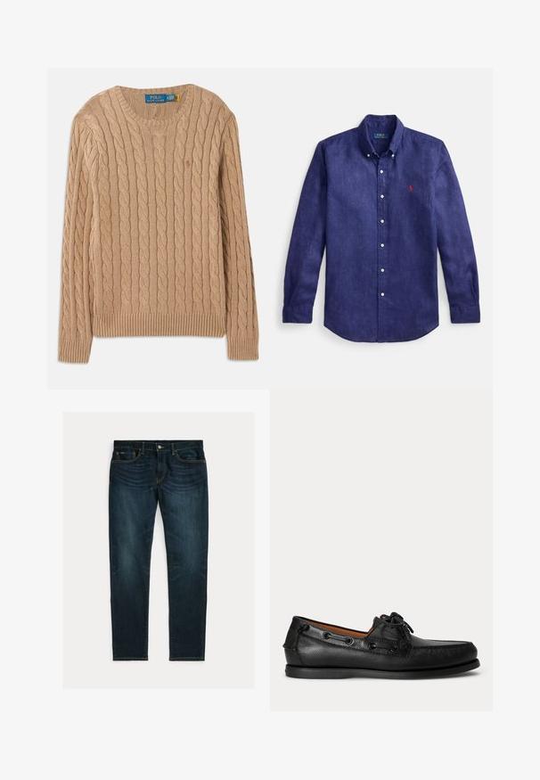 Beige strikket sweater med kabelmønster, rund halsudskæring, ribbede manchetter og kant. Har mærkets label på indersiden af halsen.; Marineblå linned med lange ærmer, skjorte med knappet krave, frontstykke og lille rødt broderet logo på venstre bryst.; Mørkeblå slim-fit jeans med let falmning og fem-lomme-design, lagt fladt på hvid baggrund.; Sort lædermoccasin med snøredetalje og lav gummisål, vist fra siden på ensartet lys baggrund.