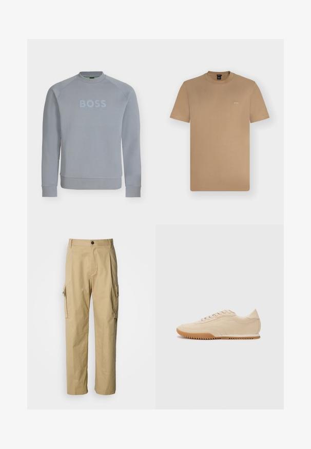 Sweat-shirt gris clair à col rond avec manches longues et texte embossé "BOSS" sur la poitrine, poignets et taille côtelés.; T-shirt marron clair à manches courtes et col rond avec petit logo blanc "BOSS" sur la poitrine gauche, présenté sur un fond uni clair.; Pantalon cargo beige en tissu résistant, avec une coupe décontractée, des poches latérales et une fermeture par bouton à la taille.; Baskets en daim beige au design épuré, présentant une tige texturée, un bout rond et une semelle en caoutchouc avec un motif en zigzag.