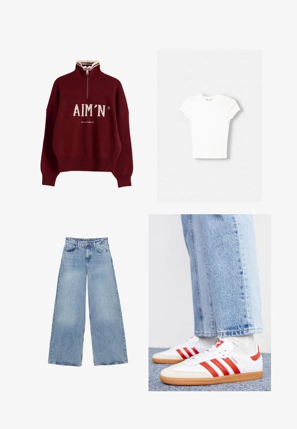 Pull-over marron avec demi-fermeture éclair, col montant avec une bande blanche, poignets et ourlet côtelés, et logo blanc "AIM'N SPORTSWEAR" sur le devant.; T-shirt blanc à manches courtes en coton doux, avec un col rond et une coupe ajustée. Pas de motifs ni d'ornements visibles.; Jean large bleu clair en denim, doté d'une taille haute, d'une fermeture à boutons et de quatre poches. Texture lisse avec une finition délavée.; Baskets en cuir blanc avec des rayures et des accents rouges. Dotées d'une semelle extérieure en gomme texturée et d'un col rembourré. Portées avec un jean en denim bleu clair.