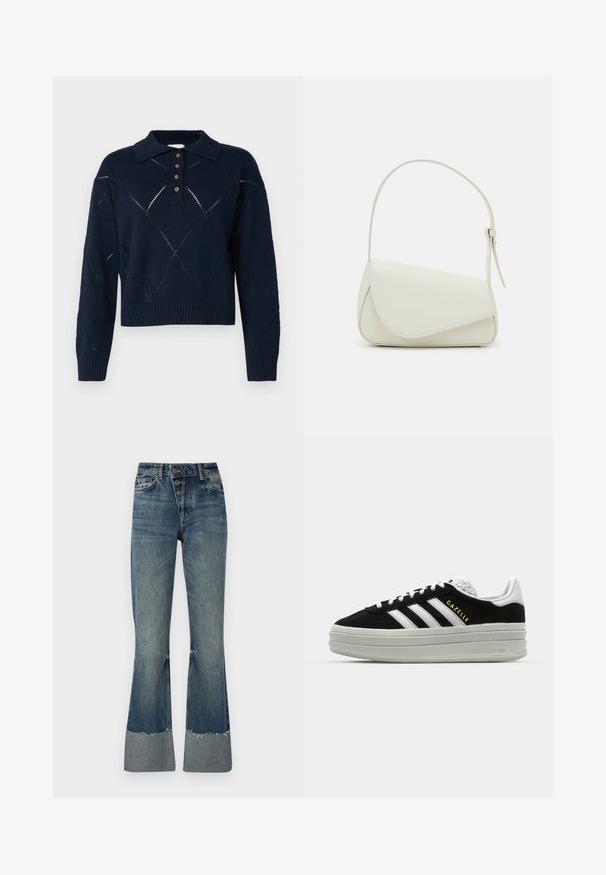 Pull en maille bleu marine avec un col, doté d'une patte de boutonnage, de motifs en losange et d'une finition côtelée.; Jean flare en denim bleu moyen avec taille haute, cinq boutons et ourlet effiloché. Présente un poignet plus clair en bas et une texture décolorée.; Baskets en daim noir avec des accents en cuir blanc, trois rayures blanches, lacets plats et une semelle épaisse en gris. Marquage doré "Gazelle".; Sac à main en cuir synthétique blanc avec une forme triangulaire structurée, une bandoulière unique réglable et un rabat à courbes accentuées.