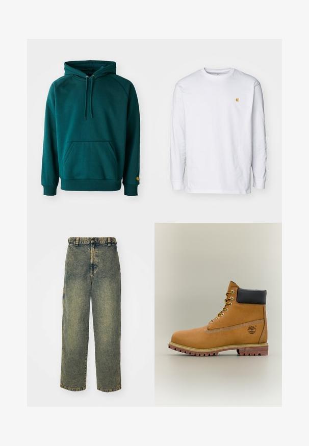 Teal hoodie med kengurulomme, snore og ribbede manchetter. Blødt stof med en glat tekstur, der har et logo-ryw på ærmet.; Hvid langærmet t-shirt lavet af bomuld. Har et lille gyldent logo på brystet og en rund halsudskæring. Enkel design og standard pasform.; Slidse denim jeans i en falmet blå og grøn vask. Har en knaplukning, bælteløkker og sidelommer. Flad front og lige ben-design.; Brun læderankelstøvle med sort krave, gule snørebånd og tanfarvet sål. Har logo og hvide syninger som detalje. Robust ydersål med greb.
