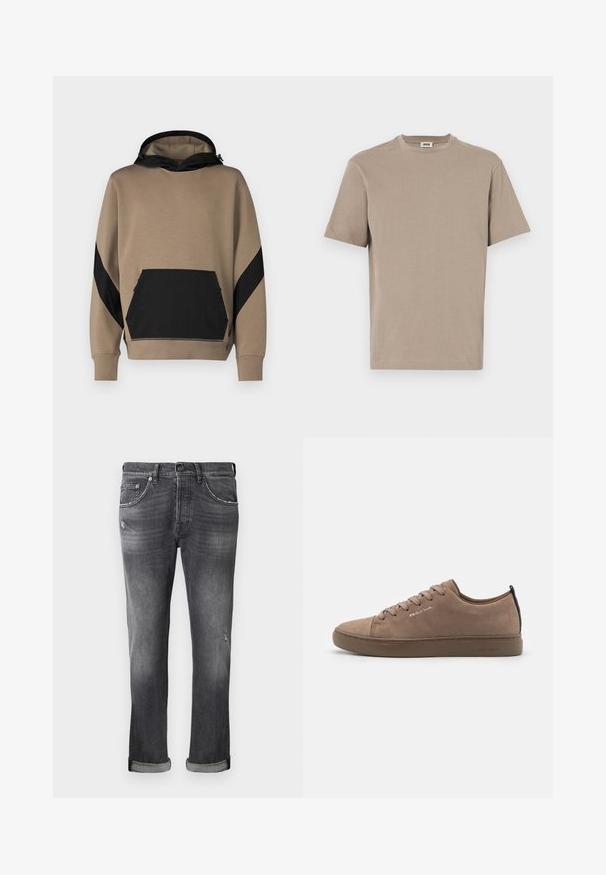 Huppari vaaleassa ruskeassa värissä mustilla yksityiskohdilla, jossa on kengurupocket ja erottuva paneelimuotoilu hihoissa. Pehmeä rakenne.; Beige puuvillane t-särk ümmarguse kaelusega, lühikeste varrukatega ja sirge äärisega. Sile tekstuur, minimaalne disain, ilma nähtavate graafikute või detailideta.; Harmaa farkut, joissa on hieman haalistunut pinta, käännetyt lahkeet ja vähäisiä kulumisen merkkejä jaloissa. Klassinen viiden taskun malli.; Ruskean mokkanahkakengät pyöreällä kärjellä, nauhakiinnityksellä, erottuvalla kantapäällä ja kohokuvioidulla logolla. Litteä kumipohja, minimalistinen tyyli.