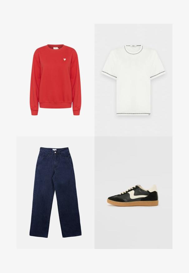 Sweatshirt rouge en tissu doux, avec un col rond, des manches longues et un petit logo en forme de cœur blanc sur la poitrine.; T-shirt blanc à manches courtes et col rond avec surpiqûres contrastantes noires le long du col, des manches et de l'ourlet, présenté sur un fond blanc uni.; Pantalons en denim bleu foncé avec une coupe droite, dotés d'une fermeture à bouton à l'avant, de passants de ceinture et de deux poches avant.; Baskets en daim et cuir noir avec un swoosh latéral crème et un talon crème clair. Dotées de lacets beige et d'une semelle en caoutchouc gomme.