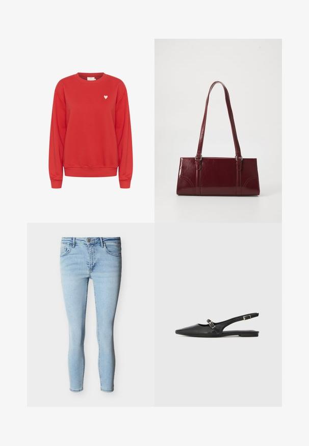 Sweatshirt rouge en tissu doux, avec un col rond, des manches longues et un petit logo en forme de cœur blanc sur la poitrine.; Jean skinny bleu clair avec bouton frontal, fermeture éclair et design à cinq poches sur fond blanc.; Chaussures slingback en cuir noir avec un bout pointu, comprenant une lanière étroite et un accent de boucle argentée sur le côté. Semelle plate.; Sac à main bordeaux en matériau brillant, de forme rectangulaire, avec deux anses et des accents légèrement courbés à l'avant.