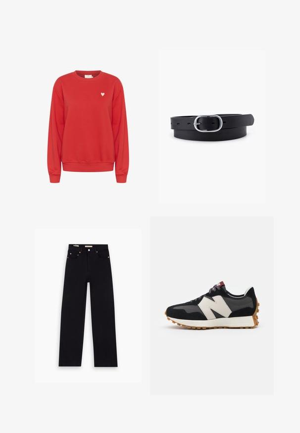 Sweatshirt rouge en tissu doux, avec un col rond, des manches longues et un petit logo en forme de cœur blanc sur la poitrine.; Jean en denim noir avec une coupe droite, cinq poches, matériel en cuivre et texture lisse. Deux étiquettes visibles sur la taille.; Baskets en suede noir et gris avec un grand logo "N" couleur crème, lacets violets et semelle extérieure en caoutchouc gomme texturé.; Ceinture en cuir noir au toucher lisse, boucle en métal argenté de forme ovale et plusieurs trous d'ajustement le long de la sangle. Design plat et minimal.