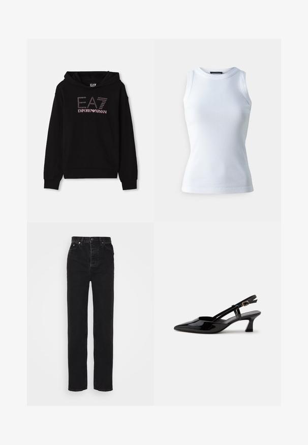 Schwarzer Kapuzenpullover mit einem Vorderdesign aus Strass, das den Schriftzug "EA7 EMPORIO ARMANI" zeigt. Er hat eine Kängurutasche und gerippte Bündchen.; Weißes ärmelloses Oberteil aus geripptem Stoff, mit rundem Halsausschnitt und figurbetonter Silhouette. Glatte Textur, keine sichtbaren Muster oder Akzente.; Filippa K BAGGY TAPERED - Jeans Relaxed Fit - charcoal; Schwarzer Slingback-Pumps aus Lackleder mit spitzer Spitze und verstellbarem goldfarbenem Riemen auf weißem Hintergrund.