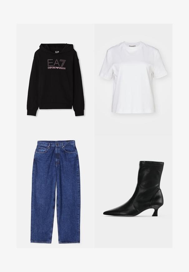 Sort hættetrøje med en frontgrafik i rhinestones, der viser teksten "EA7 EMPORIO ARMANI". Den har en kængurulomme og ribbede manchetter.; AllSaints LISA TEE - T-shirts basic - white; Blå denim bredbenede jeans med høj talje, fem lommer og klassisk knap- og lynlås-lukning. Struktureret stof med diskret falmning.; Sort læderstøvle til midt på læggen med spids tå og lav kittenhæl, vist fra siden på en ensartet lys baggrund.