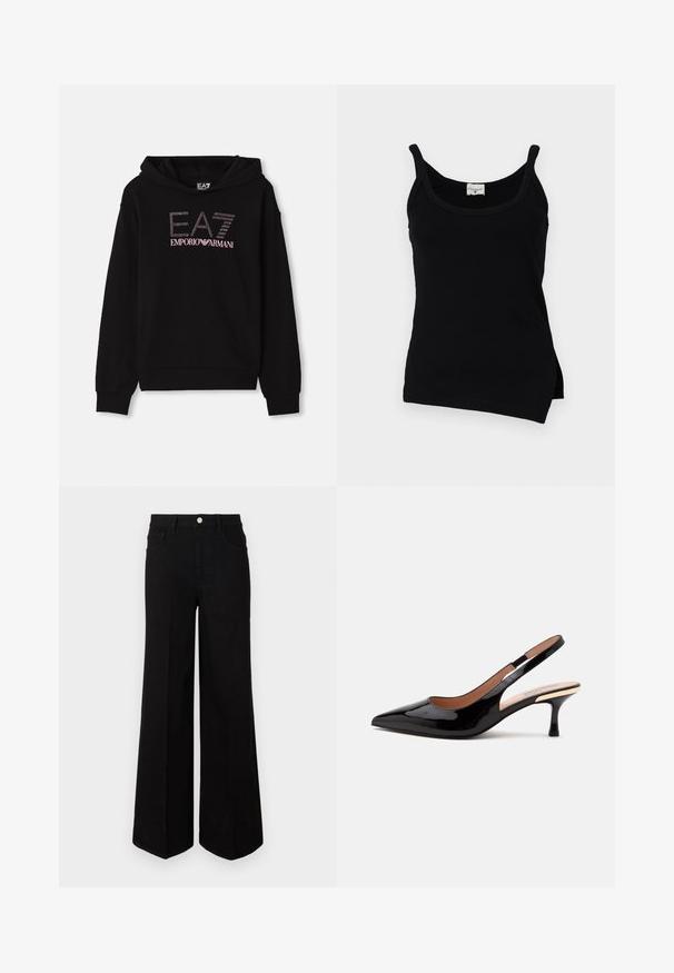 Must. musta kapuuts, millel on ees rhinestone'idega graafika, kus on tekst "EA7 EMPORIO ARMANI". Tal on kengu tasku ja soonikkäised.; Must mustriba tank top peente õlavarre rihmadega, kõver hem ning külje lõhudega. Kangas näib sile ja kerge venitusega. Brändi silt on nähtav krael.; Mustad mustad laiad teksad, millel on kõrge vöökoht, ees taskud ja ees nuppude sulgemine. Üksik serv all.; Mustast lakknahast slingback-kingad terava ninaga ja madala kassi kontsaga valgel taustal.