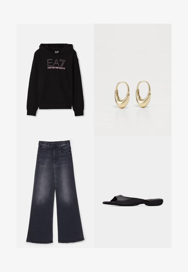 Schwarzer Kapuzenpullover mit einem Vorderdesign aus Strass, das den Schriftzug "EA7 EMPORIO ARMANI" zeigt. Er hat eine Kängurutasche und gerippte Bündchen.; Mother THE HUSTLER ROLLER SNEAK - Wide Leg - not today satan; Schwarze offene Slide-Sandale mit offenem Zehenbereich, strukturierter Sohle und minimalistischem Design, seitlich auf einem schlichten hellgrauen Hintergrund betrachtet.; Goldene Creolen mit einer gebogenen, röhrenförmigen Form. Glatte, glänzende Oberfläche mit nahtlosem Schließmechanismus. Einfaches und elegantes Design.