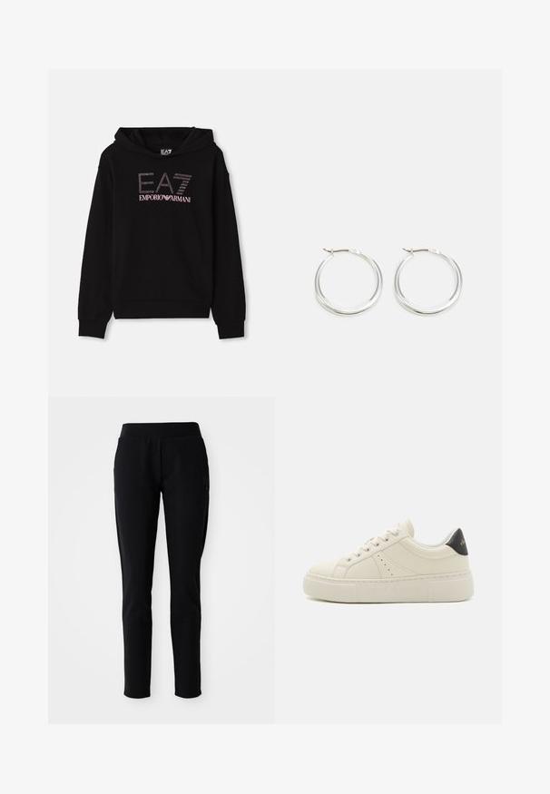 Sudadera negra con un gráfico frontal de strass que presenta el texto "EA7 EMPORIO ARMANI". Tiene un bolsillo canguro y puños de canalé.; Pantalones deportivos negros con una silueta ajustada, cintura elástica y bolsillos laterales, presentando un sutil detalle de logo en la pierna izquierda.; Zapatilla color crema con parte superior de cuero suave, punta redonda, suela de plataforma blanca y acento de cuero negro en el talón. Presenta un detalle del logo.; Los pendientes de aro de plata presentan un diseño suave y redondeado con un perfil delgado y un cierre seguro. Estilo minimalista con un acabado pulido.