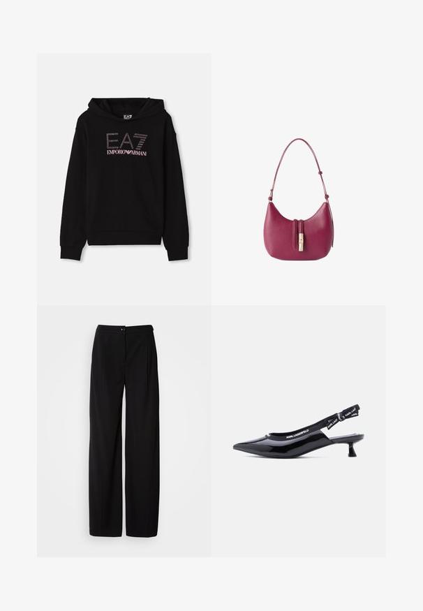 Schwarzer Kapuzenpullover mit einem Vorderdesign aus Strass, das den Schriftzug "EA7 EMPORIO ARMANI" zeigt. Er hat eine Kängurutasche und gerippte Bündchen.; Schwarze weit geschnittene Hose aus glattem, gewebtem Stoff; mit einem Knopfverschluss und plissiertem Design für eine strukturierte Silhouette.; Schwarzer Slingback-Pumps aus Lackleder mit spitz zulaufender Kappe und elastischem Markenriemen mit der Aufschrift "KARL LAGERFELD".; Kleine gebogene magentafarbene Lederhandtasche mit verstellbarem Schulterriemen und goldfarbenem Verschluss in der vorderen Mitte.