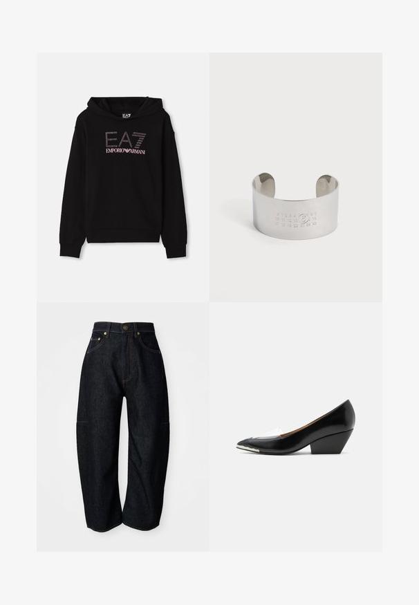Sort hættetrøje med en frontgrafik i rhinestones, der viser teksten "EA7 EMPORIO ARMANI". Den har en kængurulomme og ribbede manchetter.; Mørke denim jeans med en afslappet pasform, der har diskret orange syninger, forlommer og en flad talje med en knaplukning.; Sort damesko med lav hæl, spids tå, transparent rem og hvid detalje på forreste sål, vist i sideprofil på hvid baggrund.; Bred sølvarmbånd med præget tal fra 0 til 23 i tre rækker og tallet 6 omkranset foran i midten.