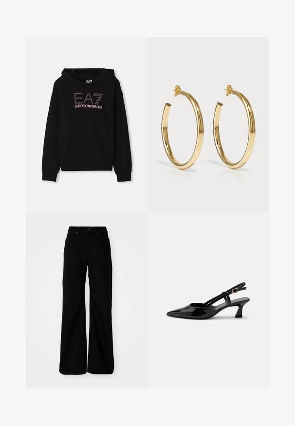 Sudadera negra con un gráfico frontal de strass que presenta el texto "EA7 EMPORIO ARMANI". Tiene un bolsillo canguro y puños de canalé.; Pantalones de pierna ancha negros de tela de mezclilla. Presenta una cintura ajustada, bolsillos frontales y cierre de botón. Textura suave con detalles mínimos.; Zapato slingback de charol negro con tacón bajo, punta puntiaguda y correa ajustable con hebilla dorada sobre fondo blanco.; Pendientes de aro de oro con un diseño suave y redondeado. Superficie pulida y cierre trasero seguro. Miden aproximadamente 2 pulgadas de diámetro.