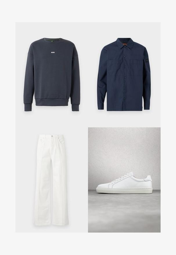 Sudadera azul marino fabricada en un tejido suave, con cuello redondo, mangas largas y un pequeño logo blanco de "BOSS" en el pecho.; Camisa azul marino de manga larga con botones, dos bolsillos en el pecho y cuello, con una pequeña etiqueta "BOSS" en la manga izquierda.; Pantalones blancos de tiro alto y de pierna ancha con costuras delanteras, trabillas para cinturón, cierre de botón y bolsillos laterales sobre un fondo liso.; Zapatilla blanca con parte superior de cuero liso y perfil bajo. Presenta una puntera redondeada, seis ojales y una suela de goma texturizada.