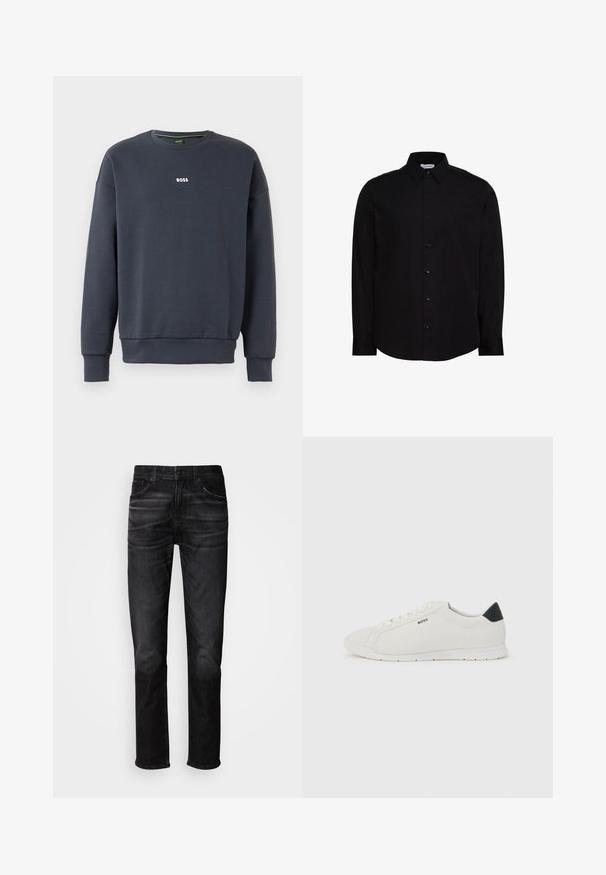 Tumedat sinine sweatshirt pehmest kangast, ümmarguse kaelusega, pikkade varrukatega ja väikese valge "BOSS" logoga rinnal.; Must pikkade varrukatega nööpidega särk, valmistatud siledast kangast. Omadused: klassikaline krae, esiosa plastron ja väike logo rinnal.; Mustad teksapüksid sirge lõikega, viie taskuga, õrnade pleekimistega ja nööpkinnitusega. Klassikaline stiil, sobib vabaaja kandmiseks.; Valge madala säärega toss musta kontsakangaga, valgete nööpide ja „BOSS“ logoga küljel, esitletud tavalise heleda tausta vastu.