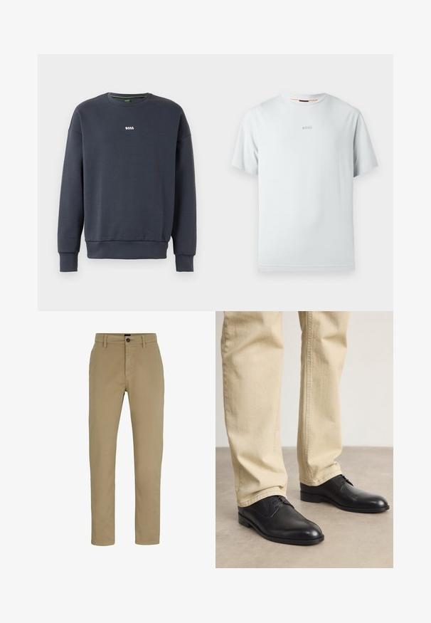 Sudadera azul marino fabricada en un tejido suave, con cuello redondo, mangas largas y un pequeño logo blanco de "BOSS" en el pecho.; Camiseta de manga corta de color azul claro hecha de algodón suave. Presenta un cuello redondo y un sutil logo 'BOSS' en un tono ligeramente más oscuro.; Chinos de algodón beige con un ajuste slim, frente plano y cierre de botón. Presenta trabillas para cinturón y bolsillos laterales para mayor funcionalidad.; Zapatos de cuero negro con cordones, puntera redondeada, acabado suave y sutiles detalles de costura, combinados con pantalones de color beige claro.