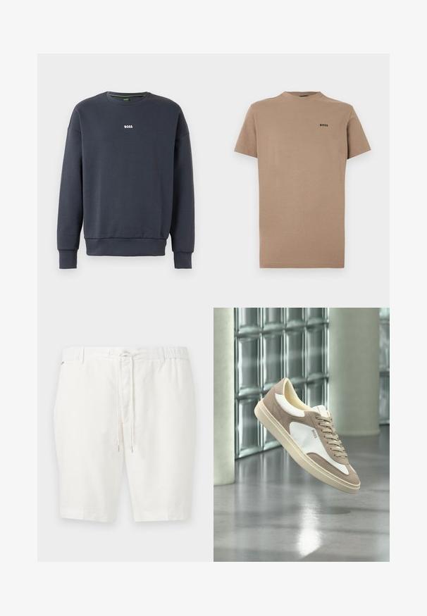 Sudadera azul marino fabricada en un tejido suave, con cuello redondo, mangas largas y un pequeño logo blanco de "BOSS" en el pecho.; Camiseta beige de manga corta hecha de algodón suave, con cuello redondo y un sutil logo negro "BOSS" en el pecho izquierdo.; Pantalones cortos blancos a la altura de la rodilla con cinturilla elástica y cordón frontal, parte delantera plana y trabillas para cinturón.; Zapatilla de ante beige y blanca con cordones y el logo "BOSS", flotando sobre un suelo de hormigón pulido con paredes de bloques de vidrio al fondo.