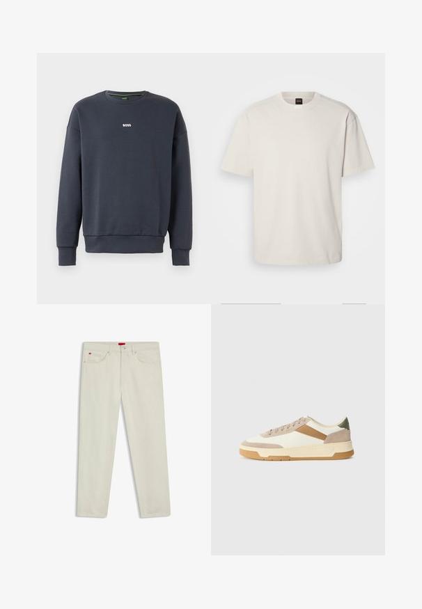 Navyblaues Sweatshirt aus weichem Stoff, mit Rundhalsausschnitt, langen Ärmeln und einem kleinen weißen "BOSS"-Logo auf der Brust.; Kurzärmliges T-Shirt mit Rundhalsausschnitt aus Baumwolle in Off-White, mit geradem Schnitt und minimalem Branding am Kragen. Weiche Textur, keine Muster.; Beige Straight-Leg-Jeans mit vorderem Knopf und Reißverschluss, Gürtelschlaufen und Fünf-Taschen-Design, inklusiv kleiner roter Markenetiketten.; Sneaker in Beige, Creme und Olivgrün, aus Wildleder und Leder, mit runder Zehenpartie, minimalistischem Design und Gummisohle.