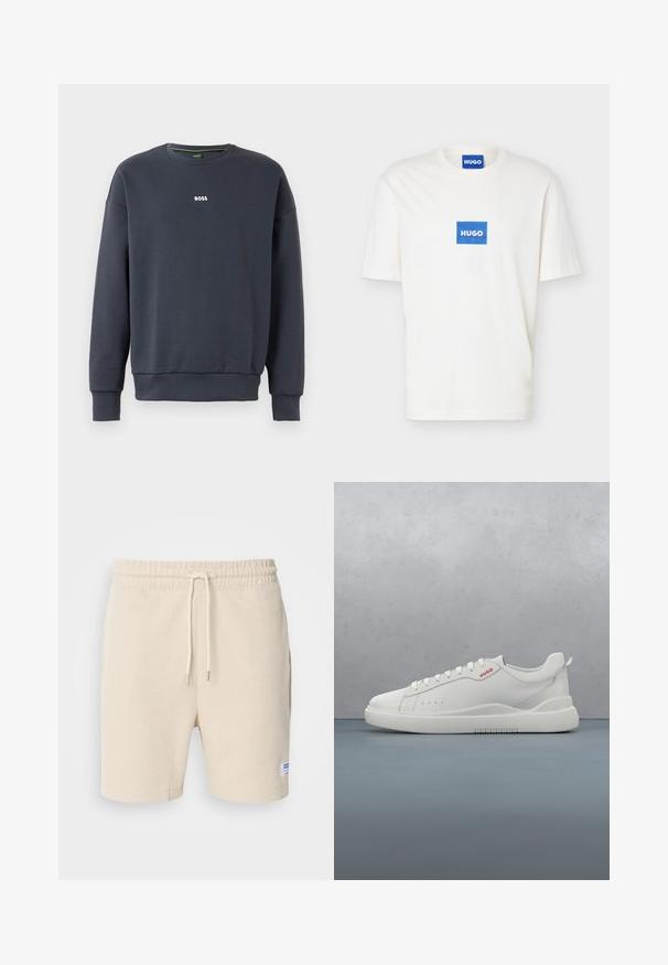Marineblå sweatshirt lavet af blødt materiale, med rund halsudskæring, lange ærmer og et lille hvidt "BOSS" logo på brystet.; Hvid T-shirt med korte ærmer og rund halsudskæring, med en blå rektangulær logo med teksten "HUGO" centreret på brystet og på den indvendige krave.; Cremefarvede shorts lavet af tekstureret stof. Har en elastisk talje med snor og sidelommer. Lille mærke på kanten.; Hvide sneakers med en glat læderfinish, rund tå, fire snørehuller, subtile perforeringer og en rød logo detalje på siden.