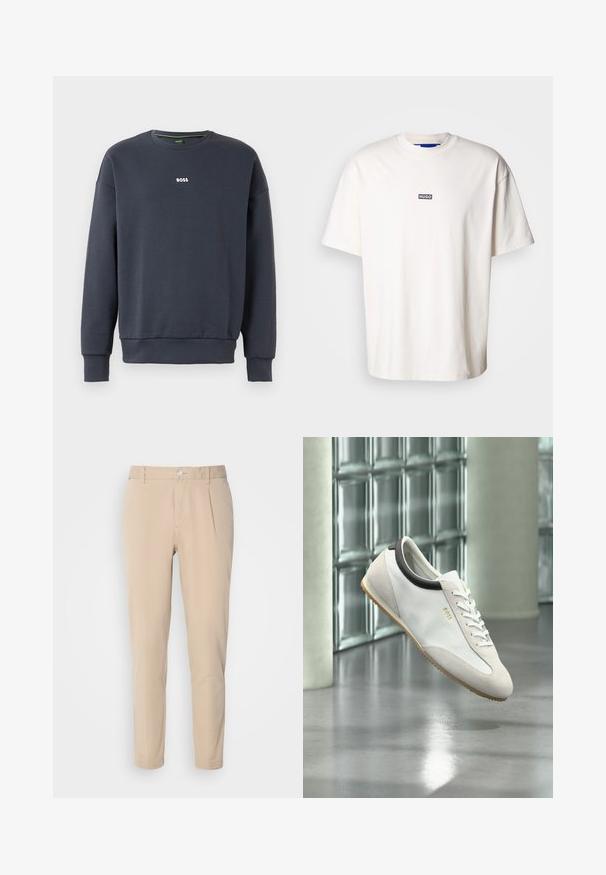 Marineblå sweatshirt lavet af blødt materiale, med rund halsudskæring, lange ærmer og et lille hvidt "BOSS" logo på brystet.; Hvid bomulds t-shirt med rund hals og korte ærmer, med et lille sort rektangulært logo med teksten "HUGO" på brystet.; Beige bukser med en slim fit, lavet af vævet materiale. Har en enkelt knaplukning, plisseret front og lige ben.; Hvid læder- og ruskindssneaker med gummisål og sort kravedetalje, der svæver indendørs nær en glasblokvæg og en betonsøjle.