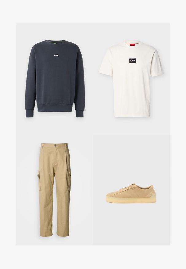 Navyblaues Sweatshirt aus weichem Stoff, mit Rundhalsausschnitt, langen Ärmeln und einem kleinen weißen "BOSS"-Logo auf der Brust.; Weißes T-Shirt mit kurzen Ärmeln und Rundhalsausschnitt, versehen mit einem kleinen schwarzen rechteckigen Aufnäher und weißem "HUGO"-Schriftzug auf der Brust.; Beige Cargo-Hosen aus strapazierfähigem Stoff, mit lockerem Schnitt, Seitentaschen und Knopfverschluss an der Taille.; Beiger Wildleder-Sneaker mit flacher Silhouette, dicker Kautschuksohle, Schnürverschluss und dezentem seitlichem Branding vor einem schlichten hellgrauen Hintergrund.