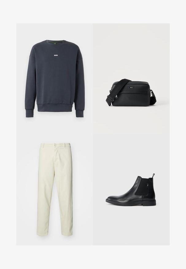 Marineblauwe sweatshirt van zachte stof, met een ronde hals, lange mouwen en een klein wit "BOSS" logo op de borst.; Lichtbeige katoenen broek met een rechte pijpontwerp, voorzien van een voorgestructureerde knoopsluiting en standaardzakken, een gladde textuur en geen patronen.; Zwarte leren Chelsea-boots met elastische zijpanelen, een treklipje en een vlakke rubberen zool. Gladde textuur met minimale details.; Zwarte gestructureerde leren crossbodytas met voorvak met ritssluiting en verstelbare brede stoffen schouderband op een witte achtergrond.